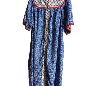 Blue Floral Button-Down Dress with Red Trim